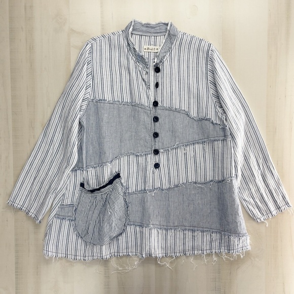 bodil Tops - BODIL striped patchwork pocket tunic top blouse lagenlook linen blue XL art work